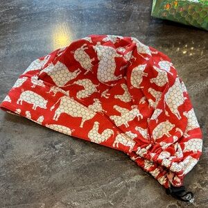 Red and White Farm Patterned Women's Bouffant Scrub Hat